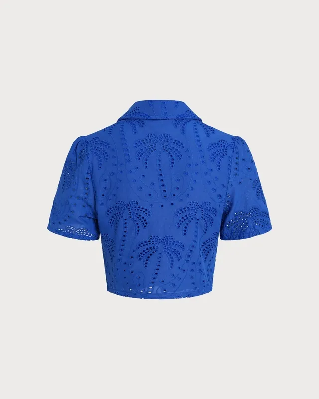 Blue Textured Button Collar Blouse