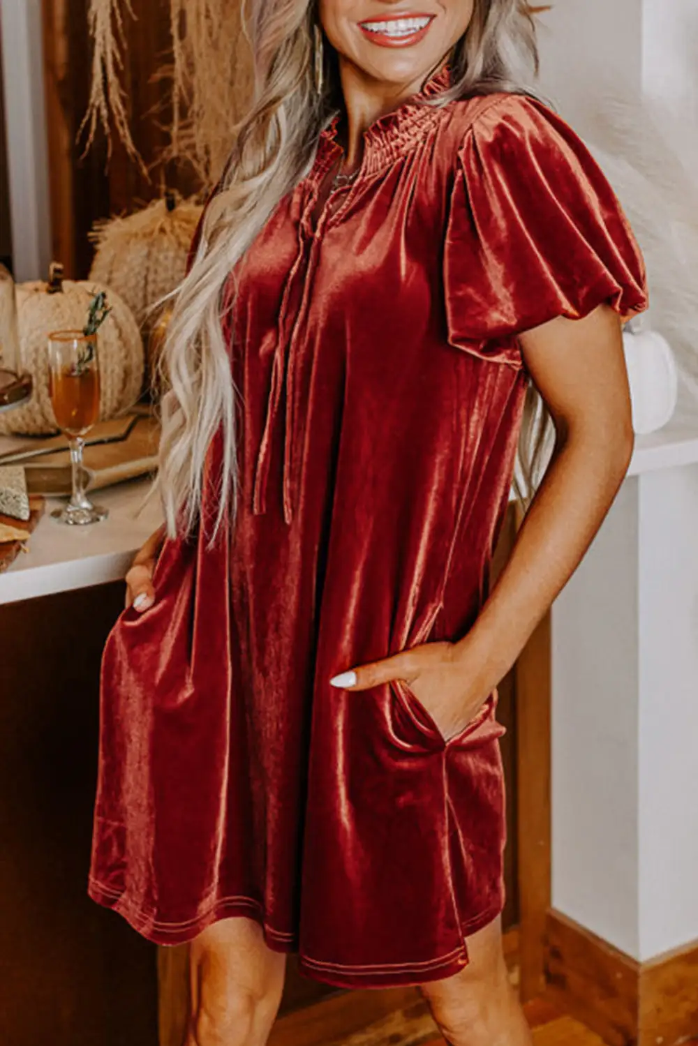 Smocked Puff Sleeve Shift Mini Dress