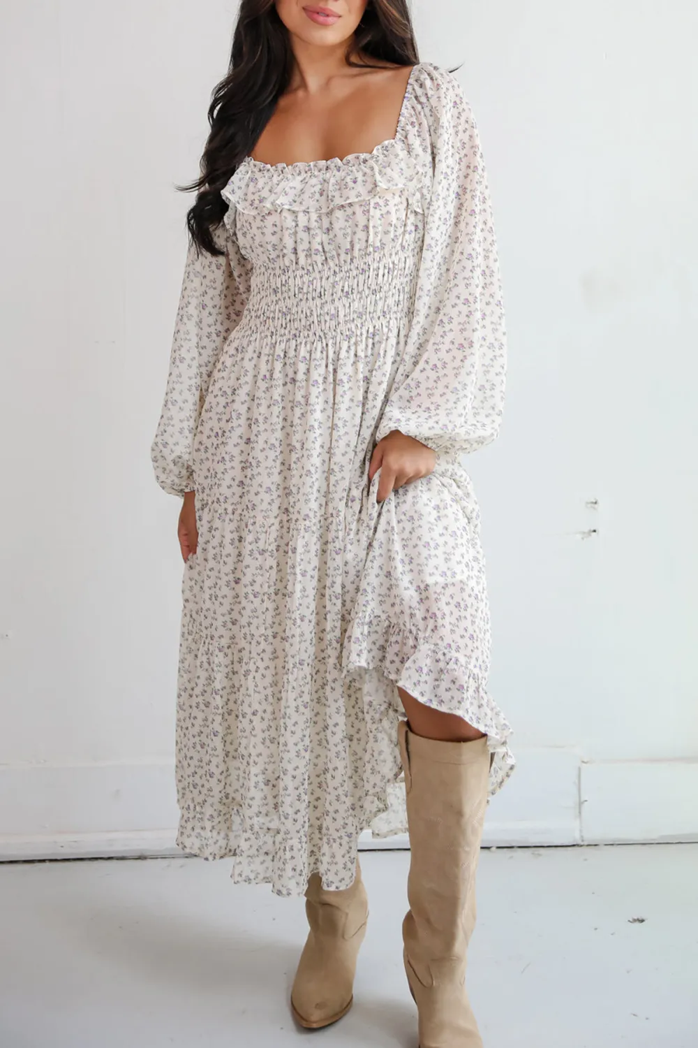 Cream Floral Print Midi Dress