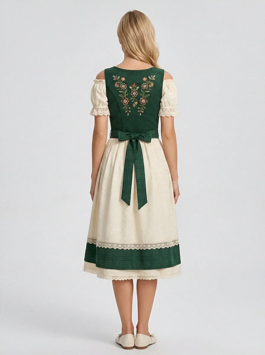 Floral Embroidered Plaid Traditional Women's Bavarian Oktoberfest Dirndl Dress