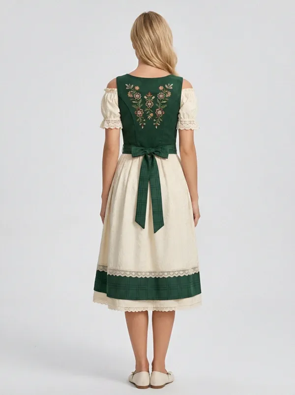 Floral Embroidered Plaid Traditional Women's Bavarian Oktoberfest Dirndl Dress