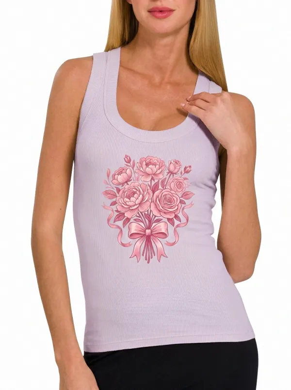 Women's Breast Cancer Awareness Pink Floral Ribbon Printed Tank Top