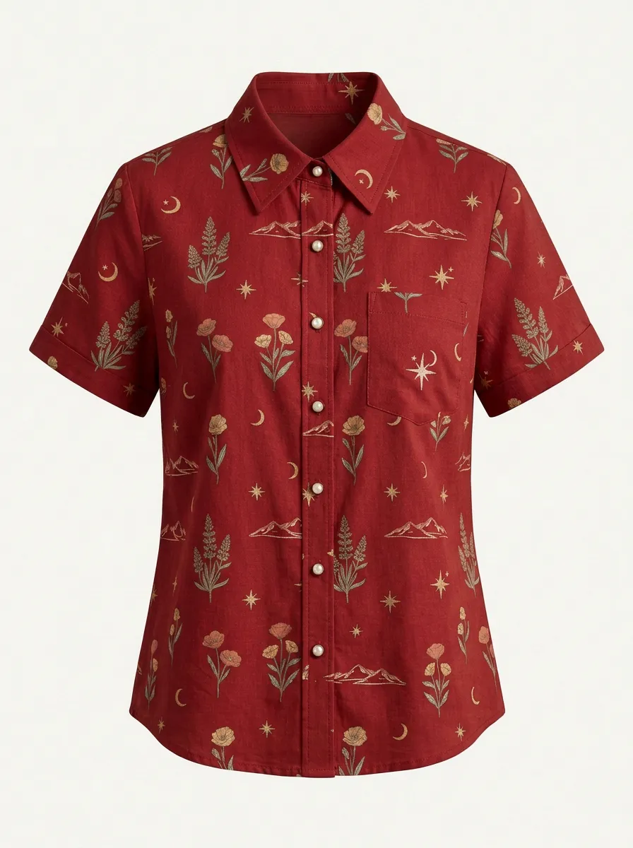 Floral Moon Mountain Western Short Sleeve Shirt