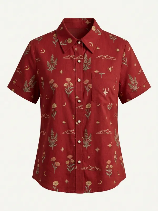 Floral Moon Mountain Western Short Sleeve Shirt