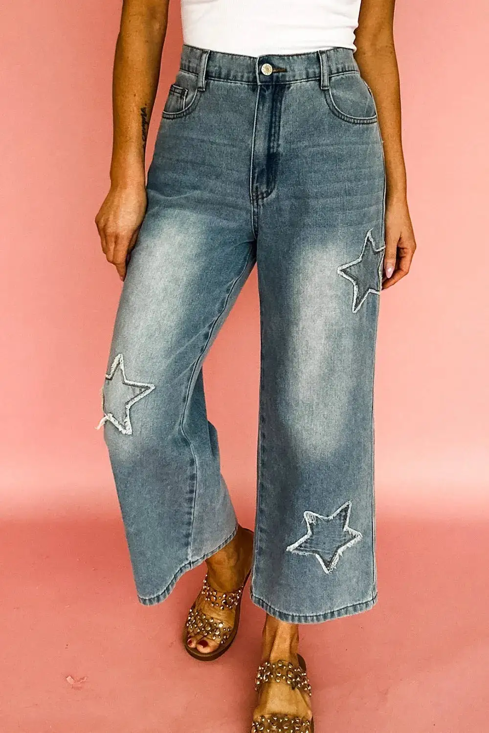 Soft High Waist Wide Leg Embroidered Denim Jeans