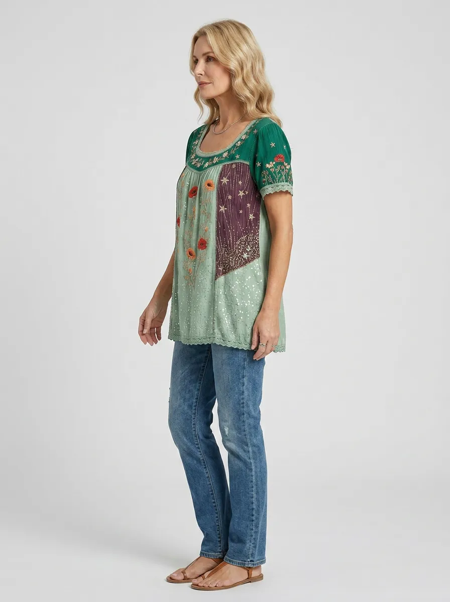 Women's Boho Floral Poppy Star Embroidered Printed Short Sleeve T-shirt