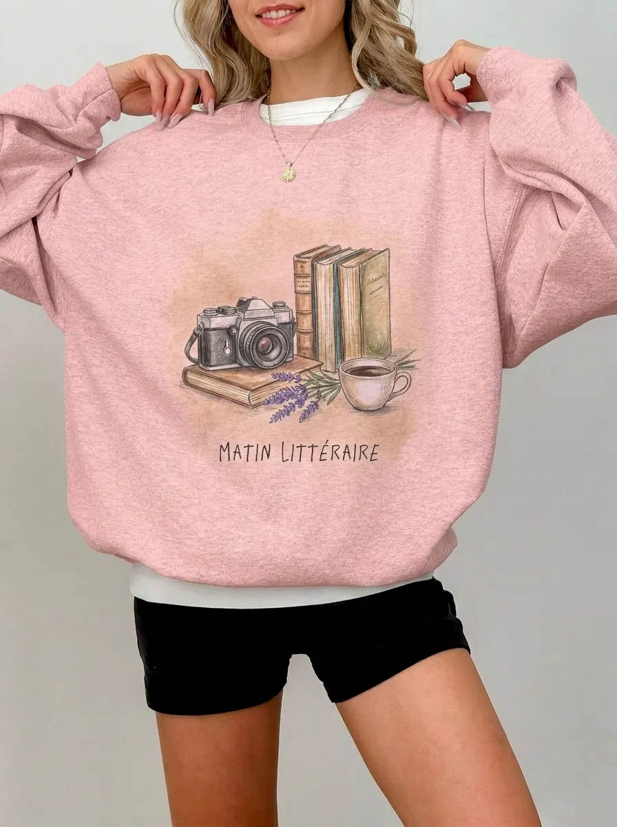 Women's Book Lover Camera Coffee Printed Sweatshirt