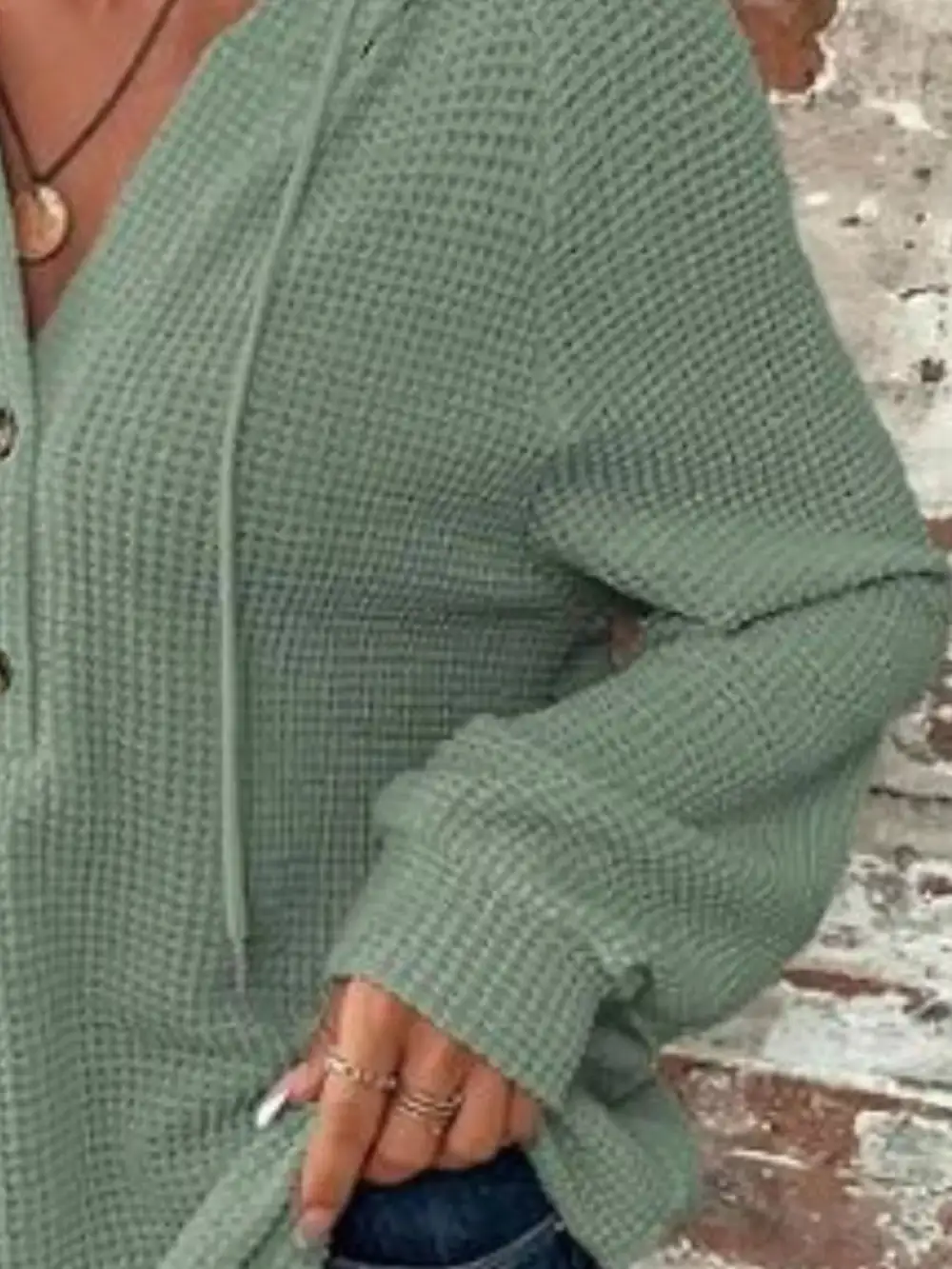 Drawstring Buttoned Pocketed Waffle-Textured Hoodie