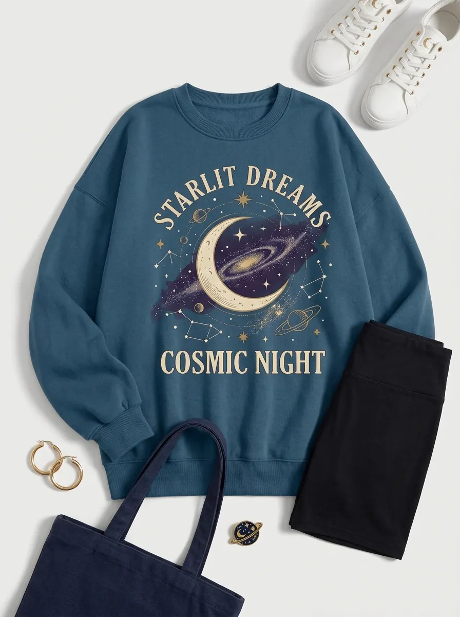 Women's Celestial Starlit Dreams Moon Galaxy Printed T-shirt