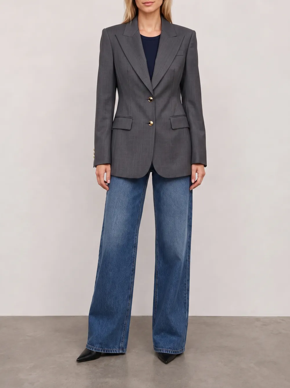 Women's Business Casual Grey Tailored Gold Button Blazer
