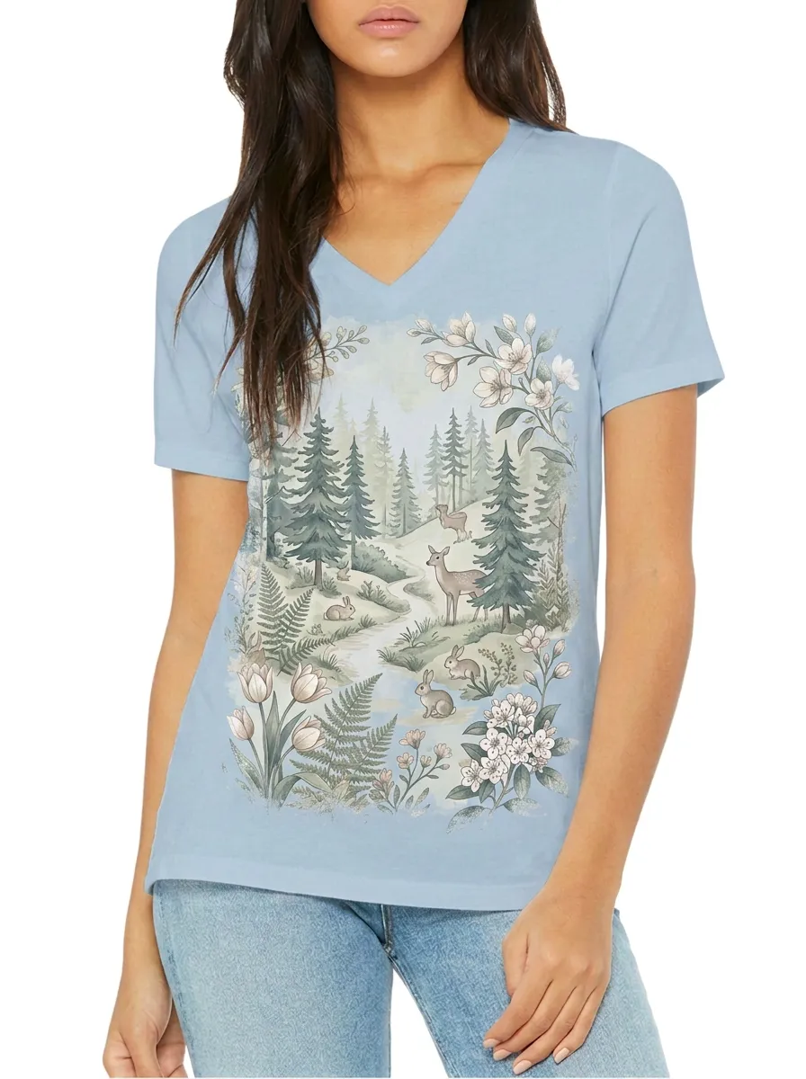 Women's Nature Lover Forest Deer Rabbit Printed V-neck T-shirt