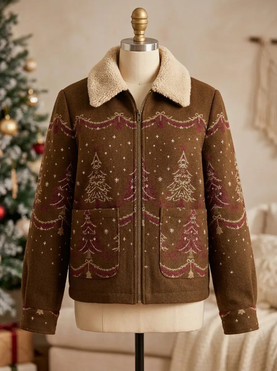 Christmas Holiday Tree Garland Pattern Print Fleece Collar Jacket