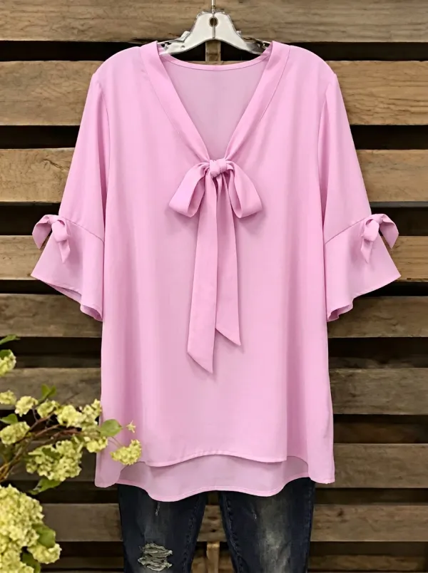 Women's V-neck Tie-neck High-low Hem Blouse