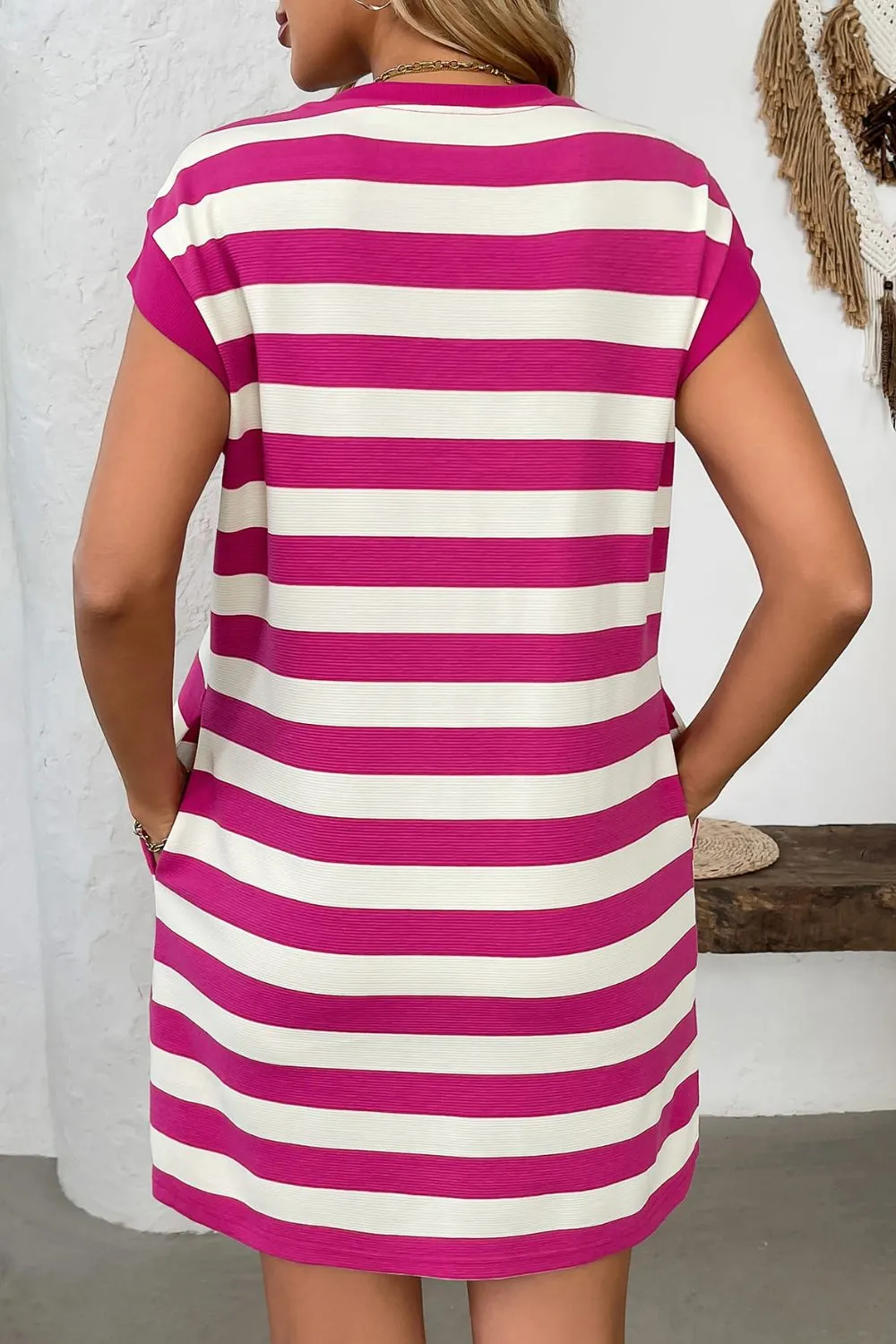 Round-Neck Short-Sleeve Striped Mini Dress