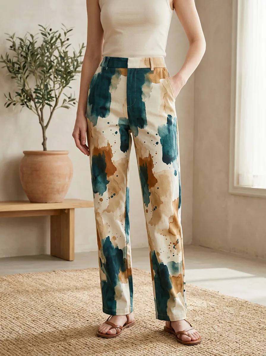 Women's Abstract Watercolor Ink Splash Printed Pants