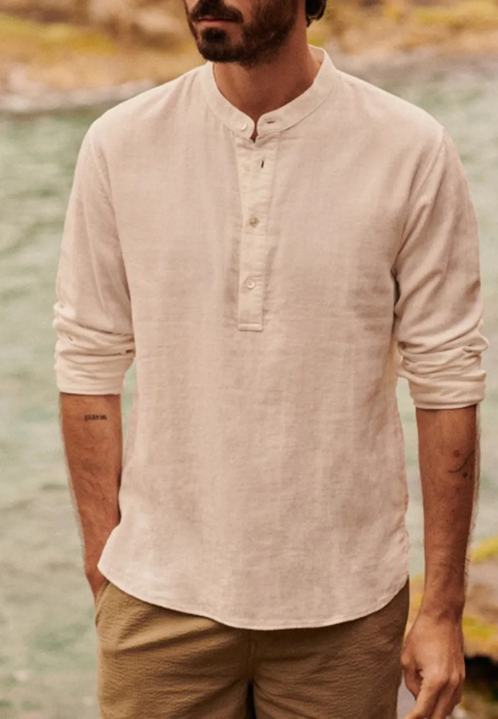 Olive Green Mandarin Collar Henley Shirt