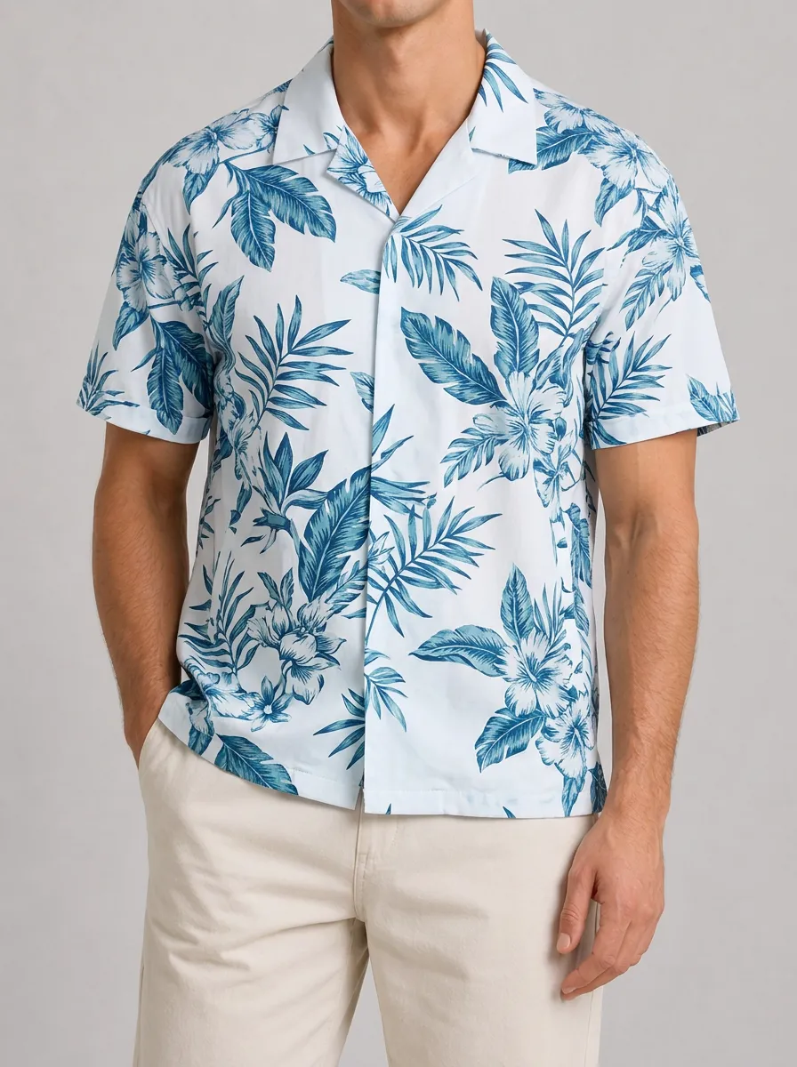 Men's Tropical Summer Blue Floral Printed Hawaiian Shirt