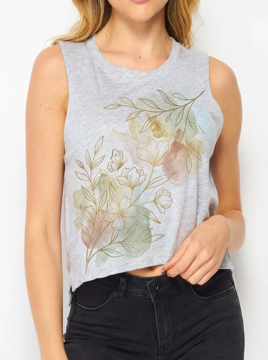 Women's Floral Butterfly Watercolor Gold Line Printed Crop Tank Top