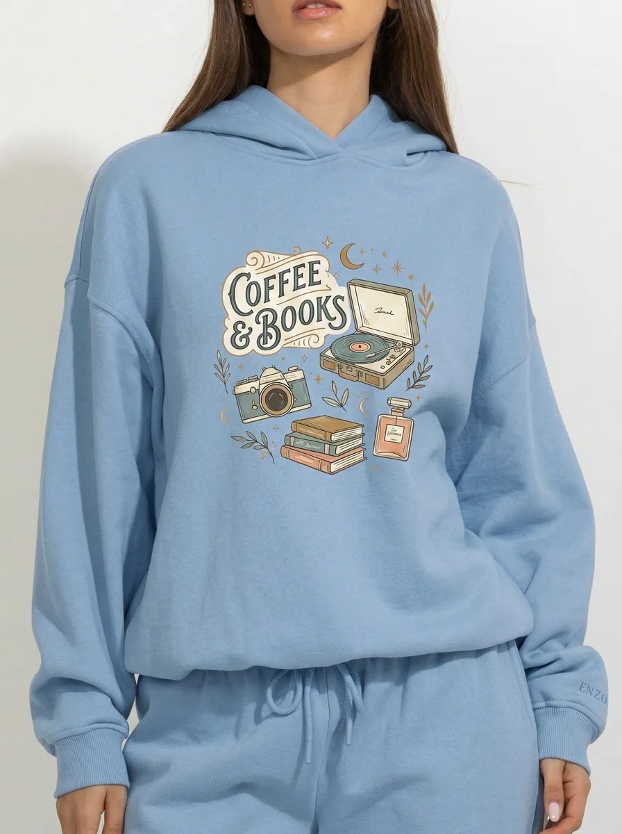 Women's Coffee Books Record Player Camera Printed Hoodie
