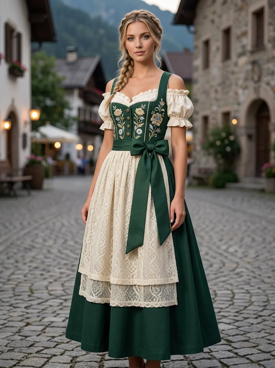 Floral Embroidered Lace Apron Traditional Women's Bavarian Oktoberfest Dirndl Dress