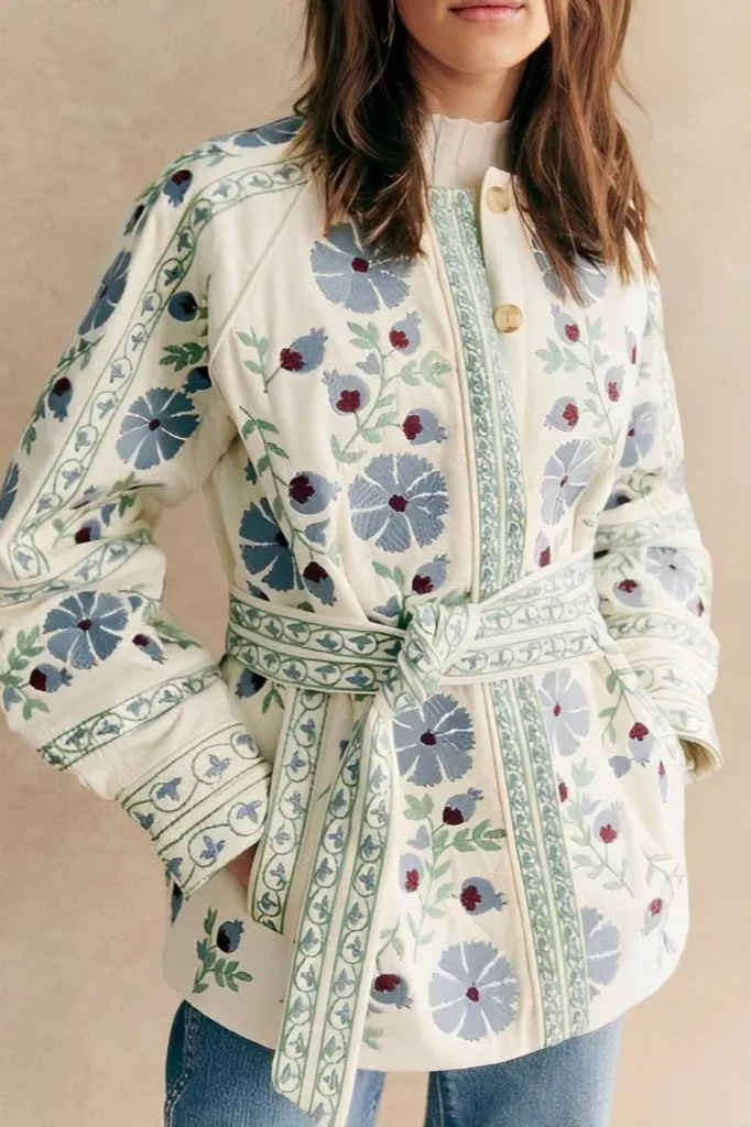 Patchwork Lace-Up Round-Neck Jacket