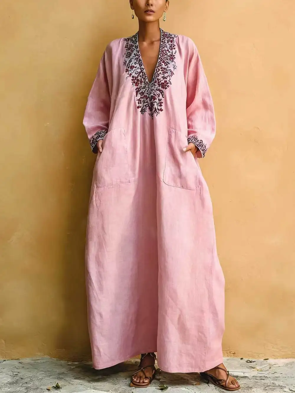 Pink Minimalist Holiday Print V-neck Loose Maxi Dress