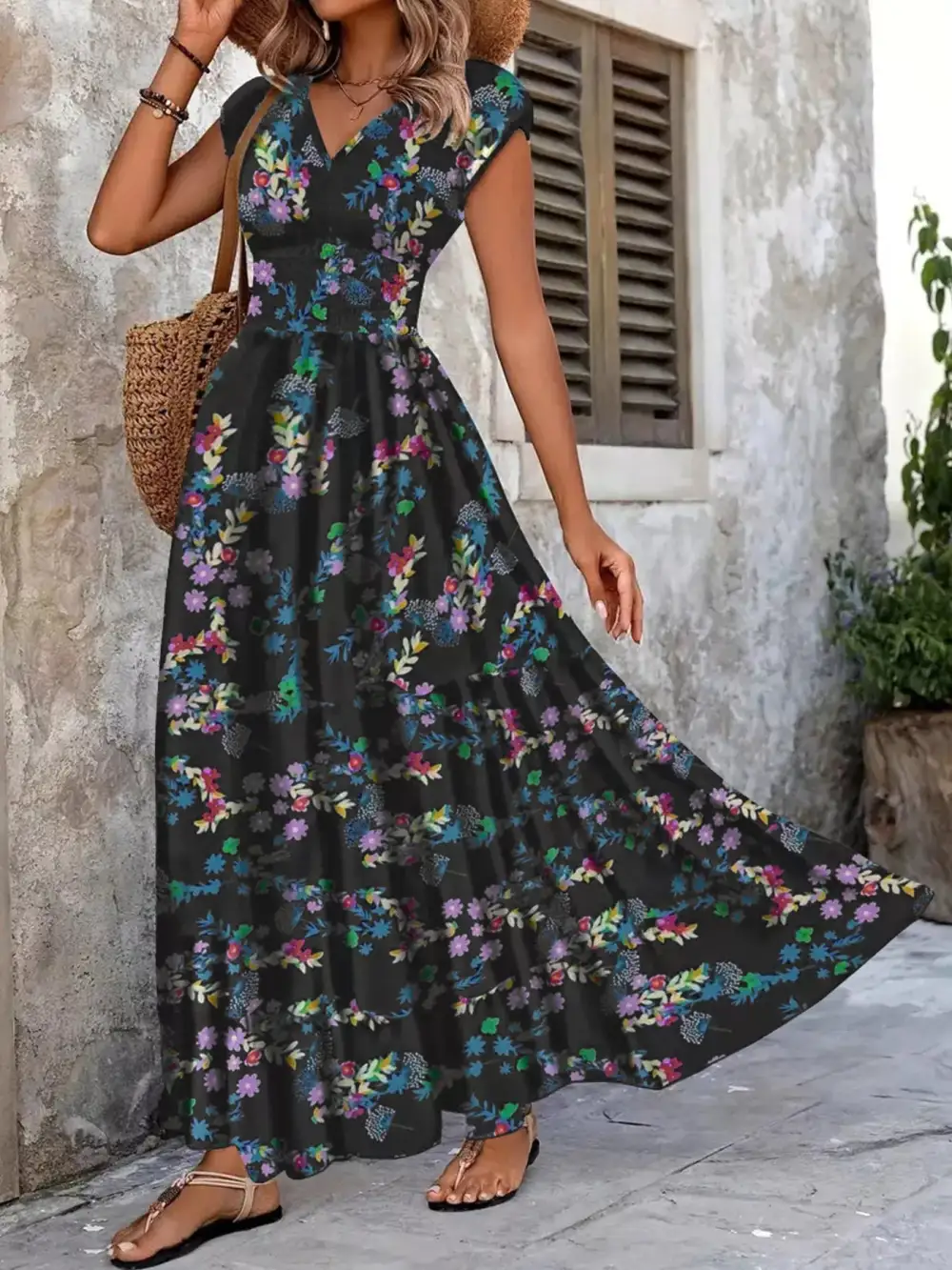 Plus Size Floral V Neck Cap Sleeve Maxi Dress