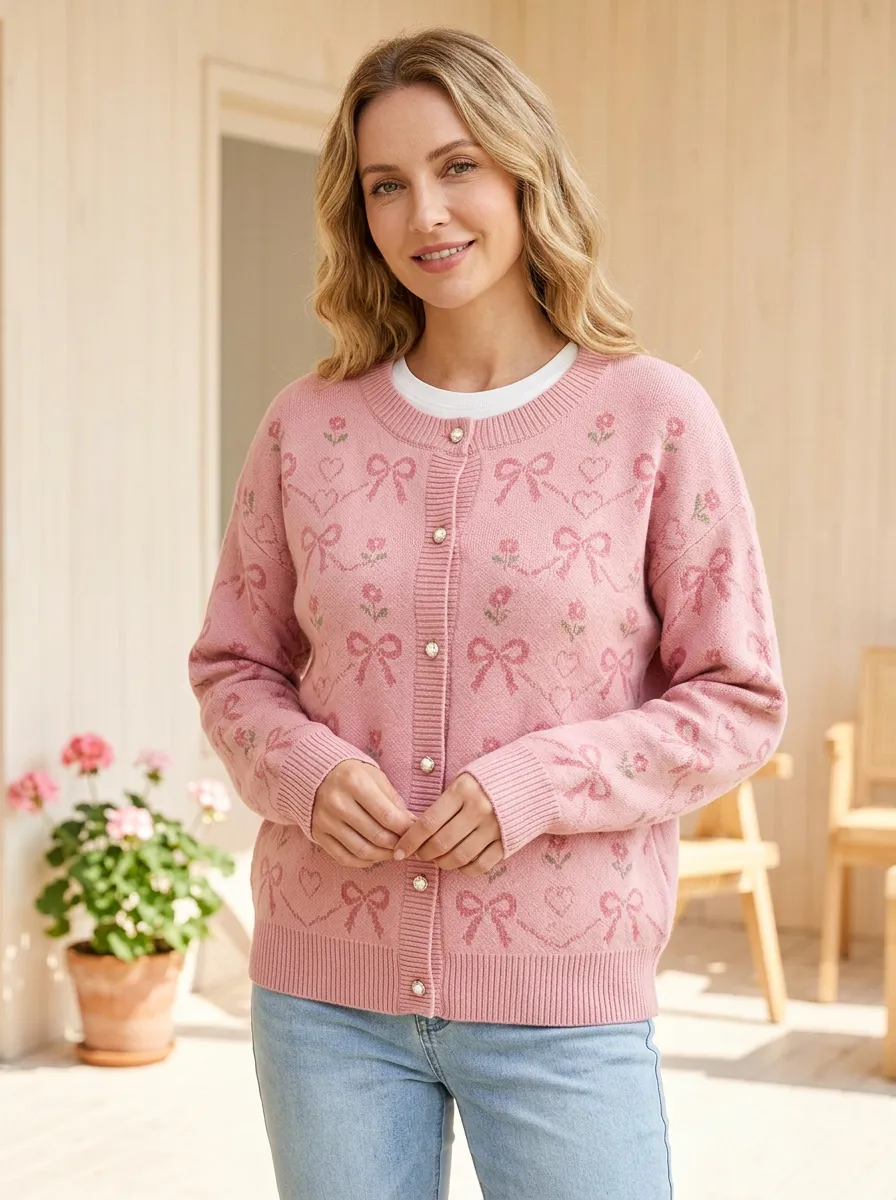Women's Floral Heart Ribbon Bow Printed Cardigan