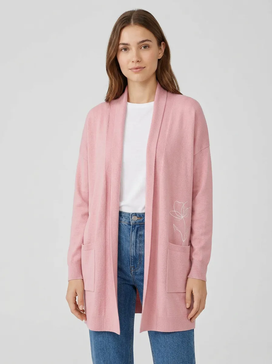 Pink Casual Floral Minimalist Line Art Print Cardigan
