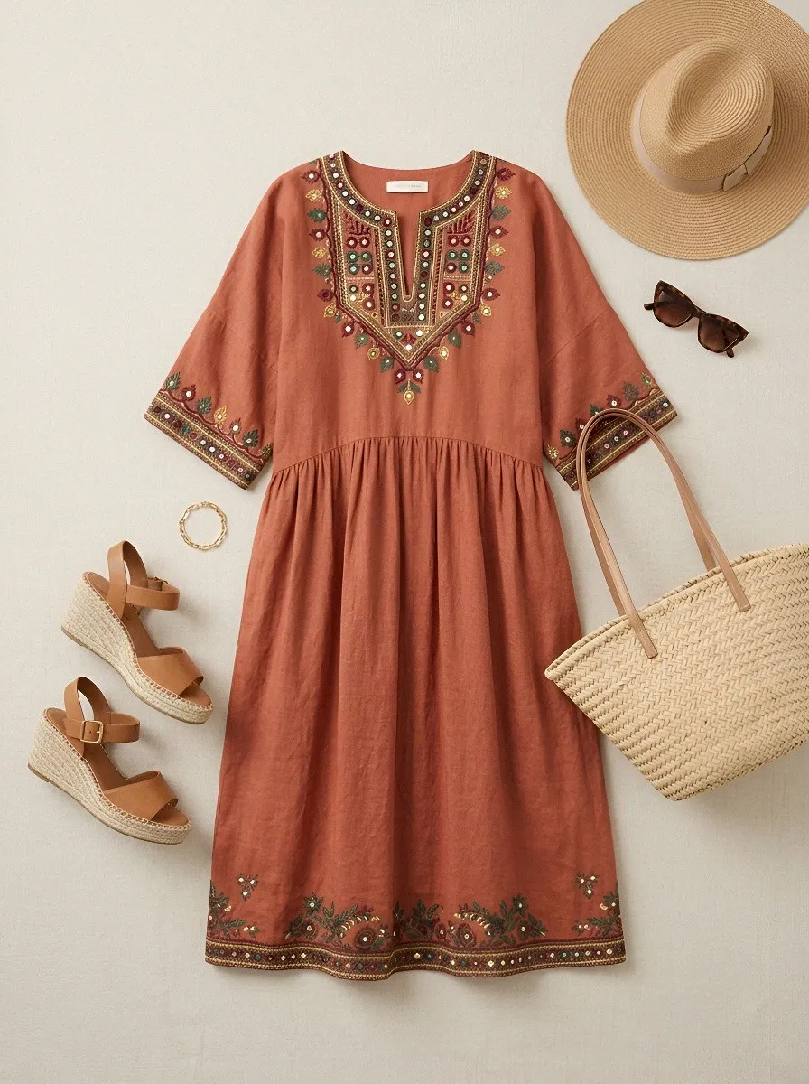 Women's Summer Vacation Boho Floral Embroidered Printed Dress