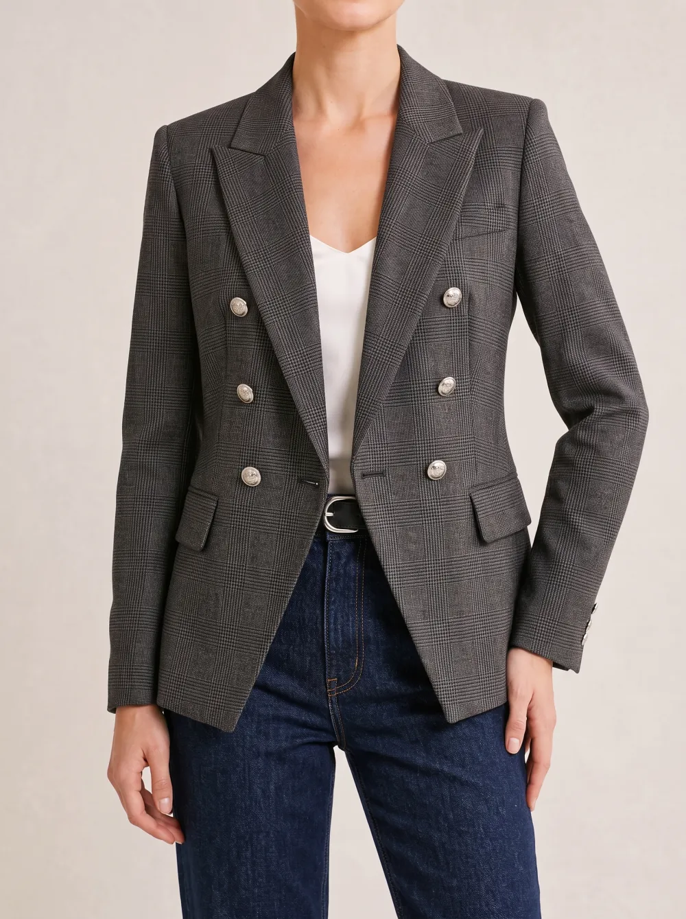 Women's Business Casual Grey Plaid Double-Breasted Blazer Jacket