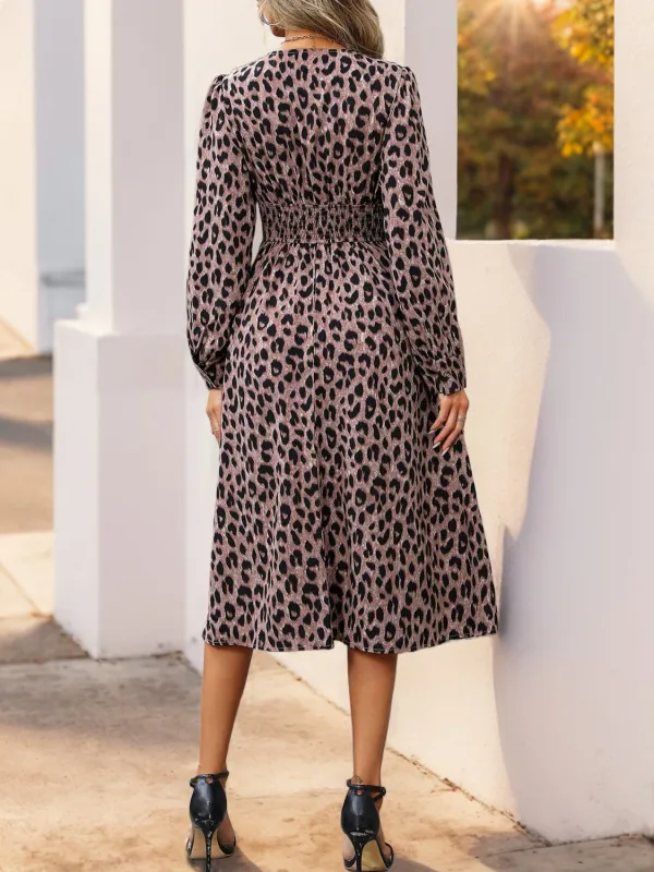 Surplice Long-Sleeve Leopard-Print Midi Dress