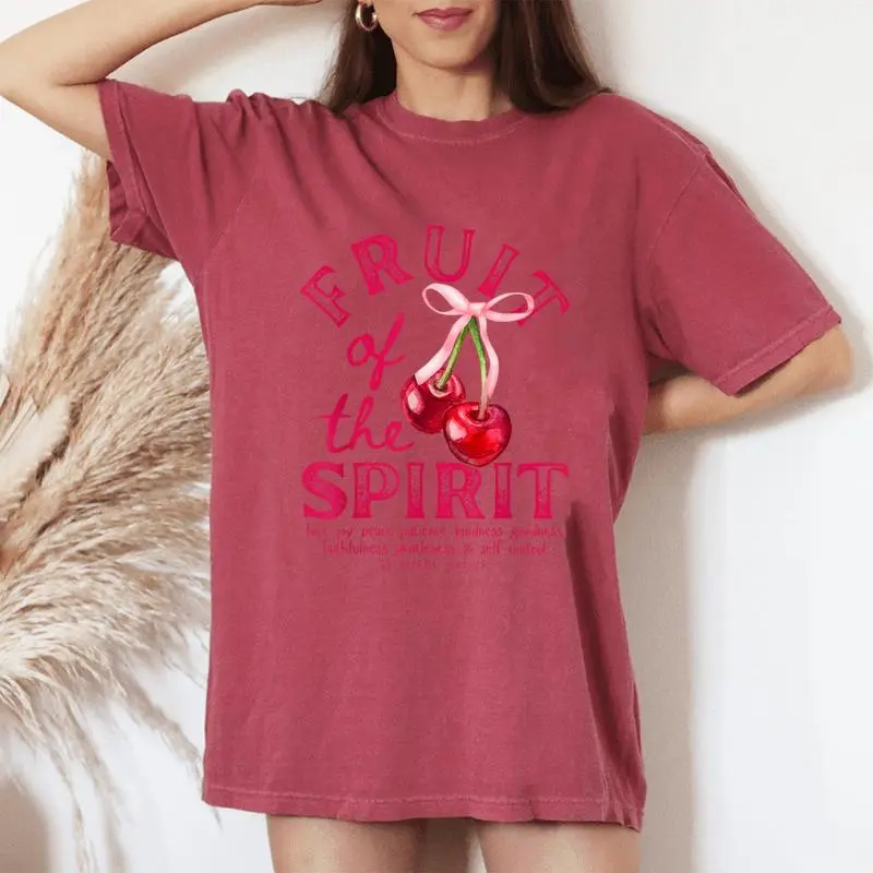 Fruit Of The Spirit Christian Coquette Pink Bow Cherries Women's Oversized Comfort T-Shirt