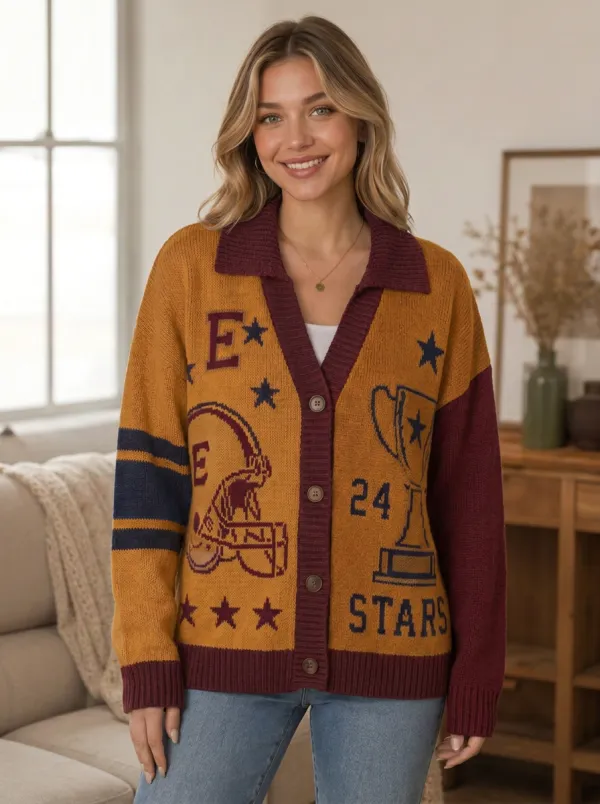 Women's Football Helmet Trophy Stars Knit Knit Cardigan