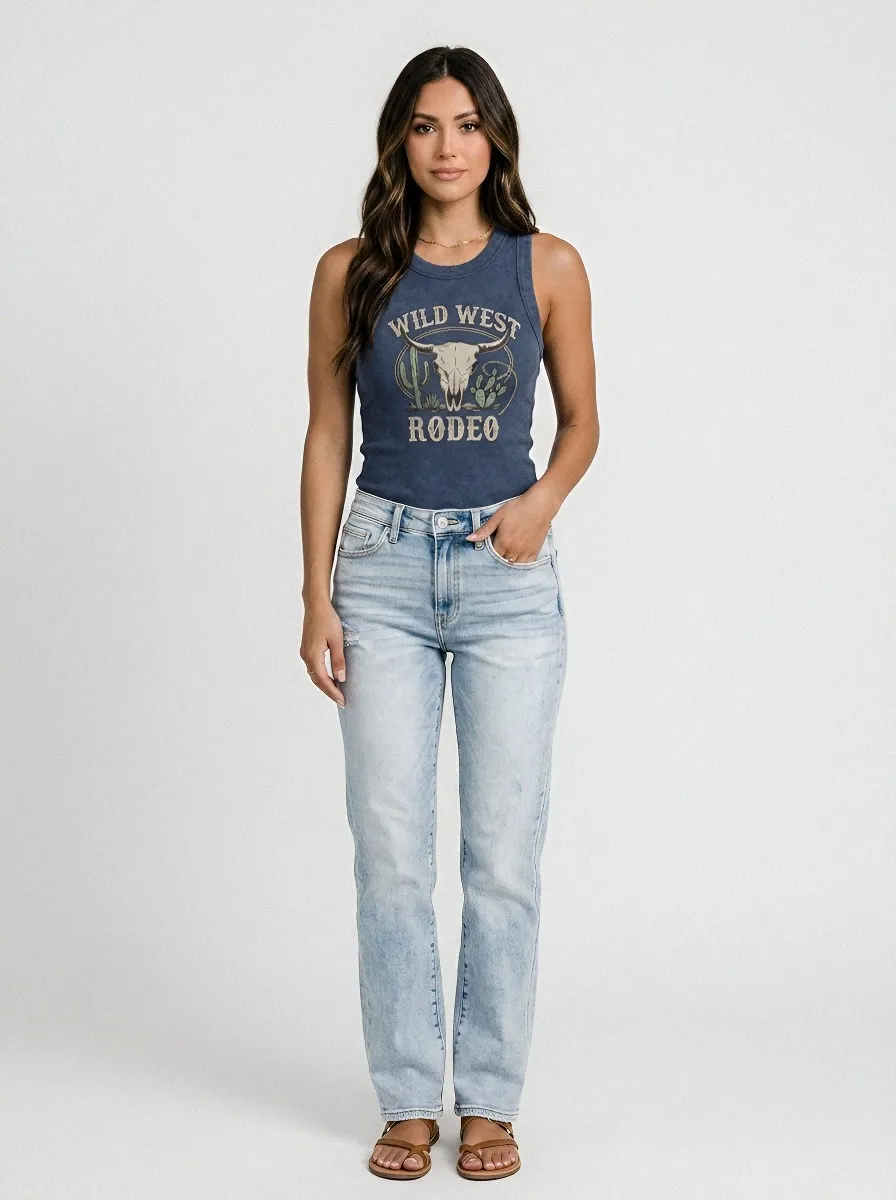 Women's Wild West Rodeo Cow Skull Cactus Printed Tank Top