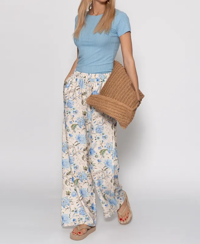 Beige Blue Floral Print Pants