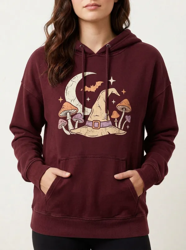 Women's Halloween Witch Hat Mushroom Moon Printed Hoodie