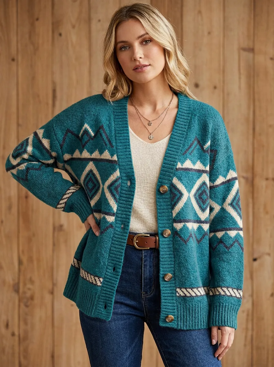 Women's Western B3 Geometric Pattern Printed Cardigan Sweater