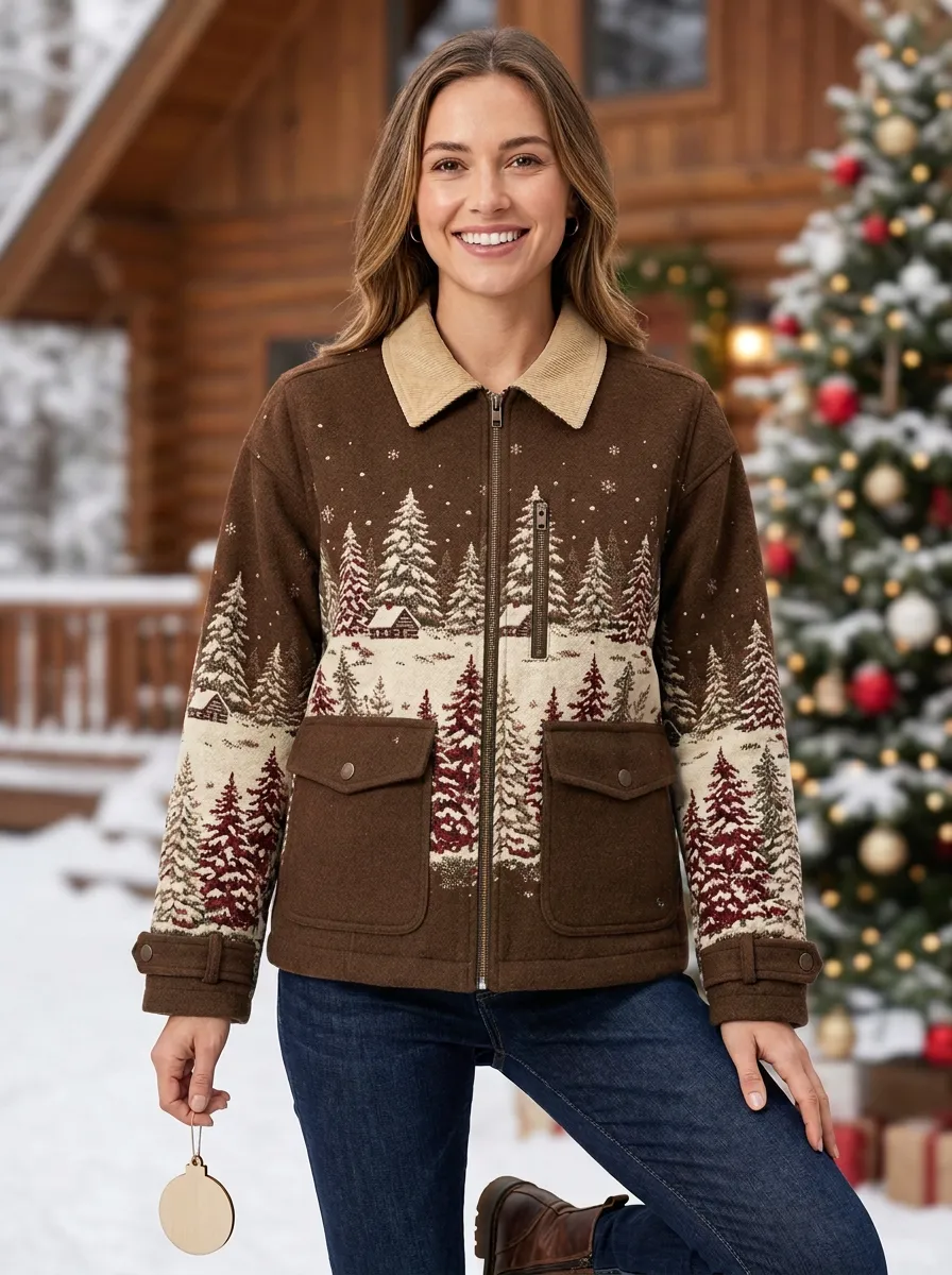 Christmas Holiday Pine Tree Cabin Print Jacket