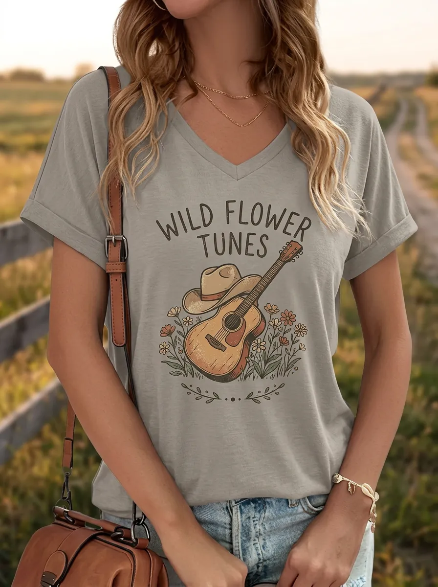 Guitar Wildflower Country Music Graphic T-Shirt