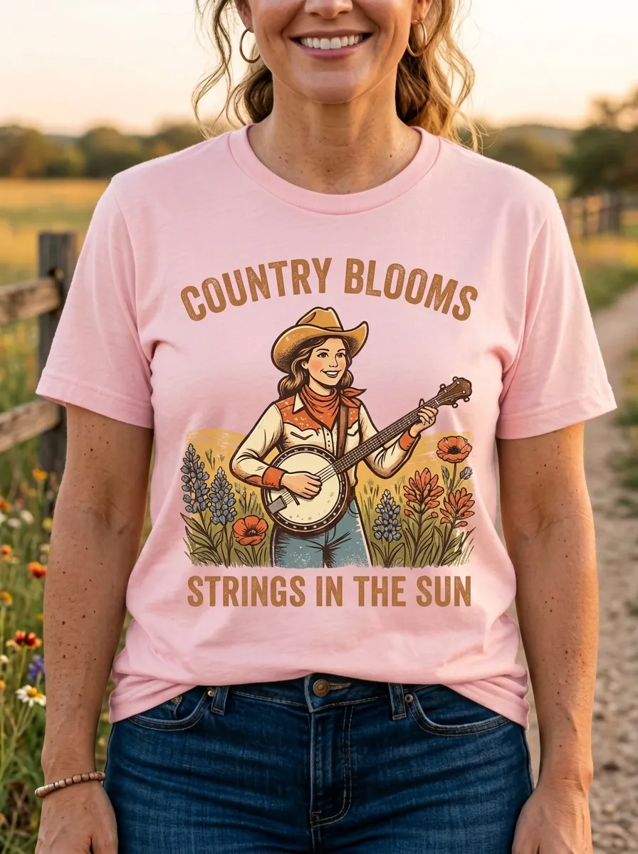 Rustic Banjo Floral Women's Country Music Casual T-Shirt