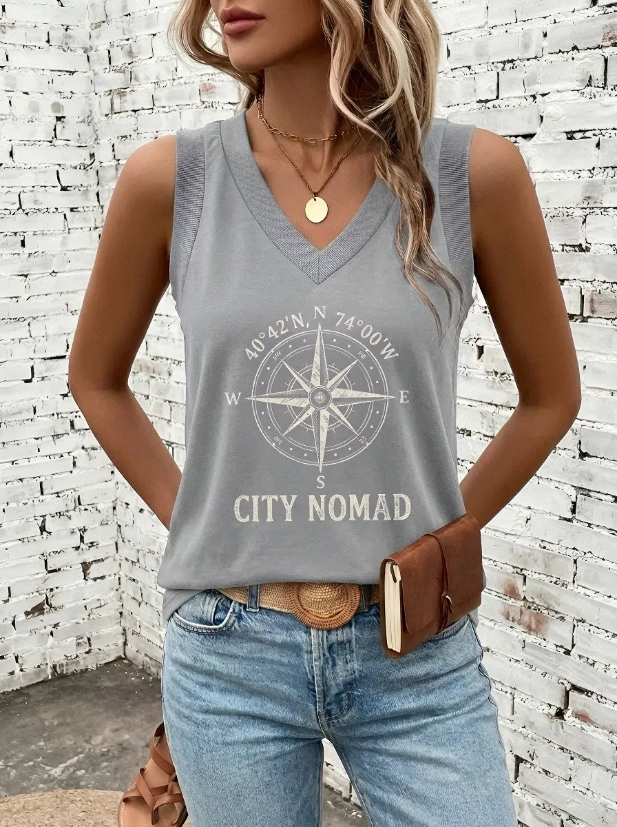 Women's Travel Adventure City Nomad Compass Printed Tank Top