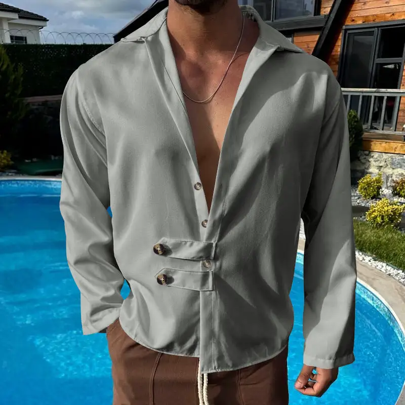 Men's Modern Long-sleeved Shirt With Deep Neckline And Asymmetrical Strap Look