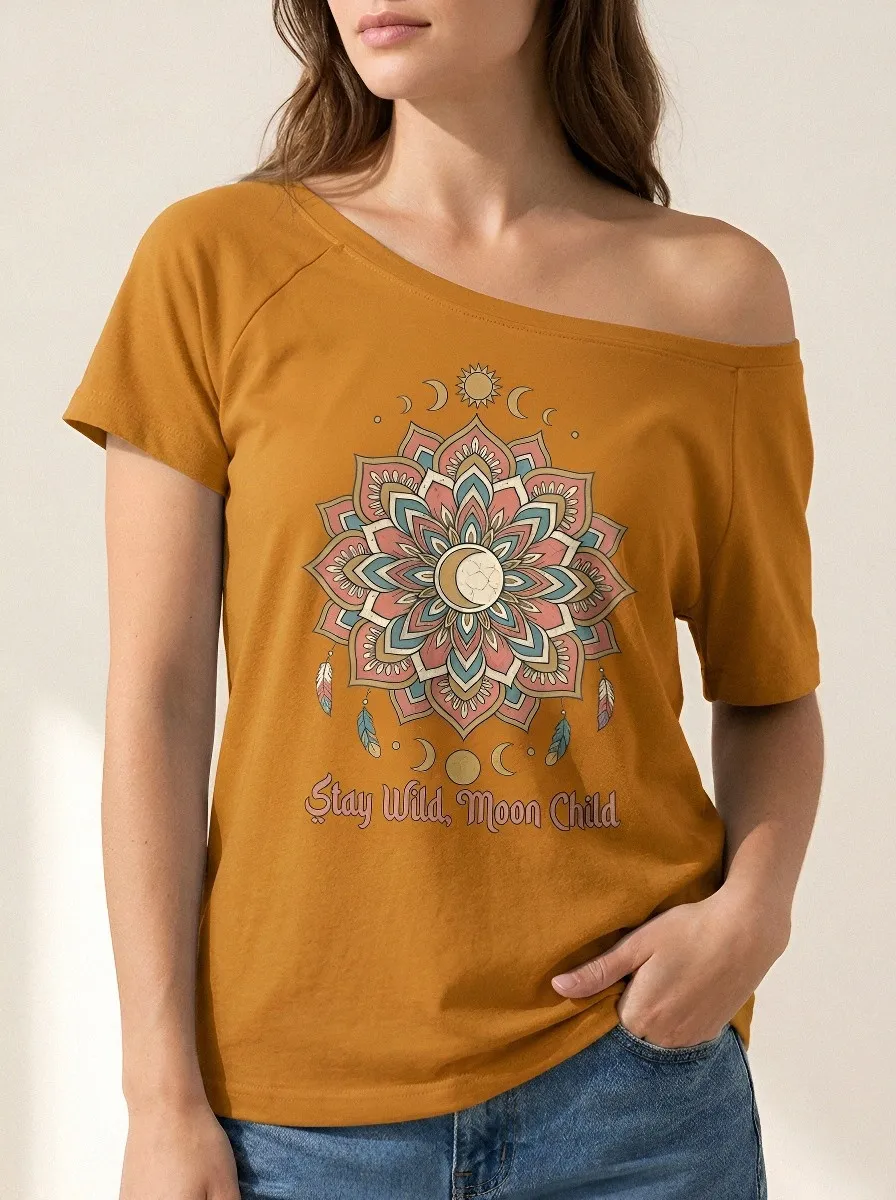 Women's Boho Moon Child Mandala Printed Off-Shoulder Top