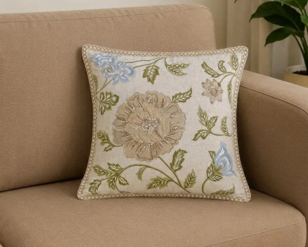 Hand Embroidered Floral Botanical Cotton Linen Decorative Cushion Cover