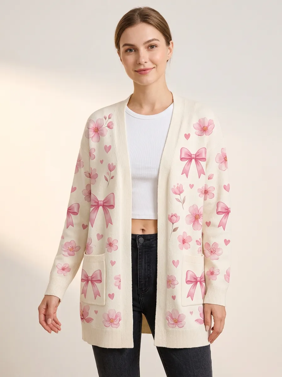 Women's Breast Cancer Awareness Pink Bow Flower Printed Cardigan