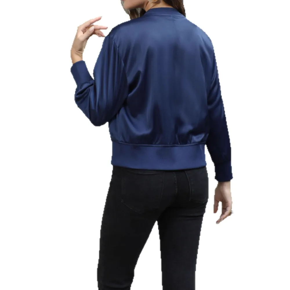 Clean Line Satin Zip Front Ribbed Trim Bomber Jacket