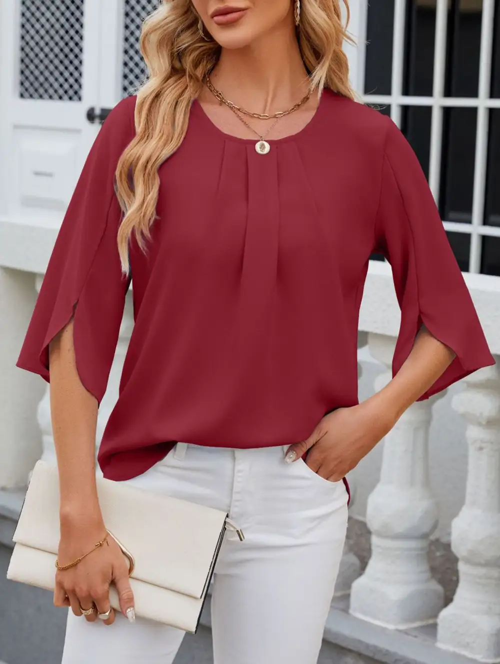Chiffon Crew Neck Half Sleeve Blouse