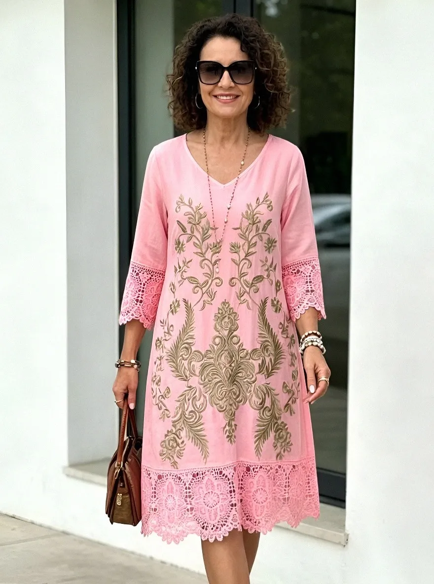 Women's Summer Vacation Floral Embroidery Lace Trimmed Dress