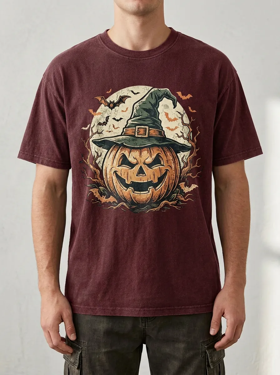 Unisex Halloween Pumpkin Witch Hat Bats Printed T-shirt